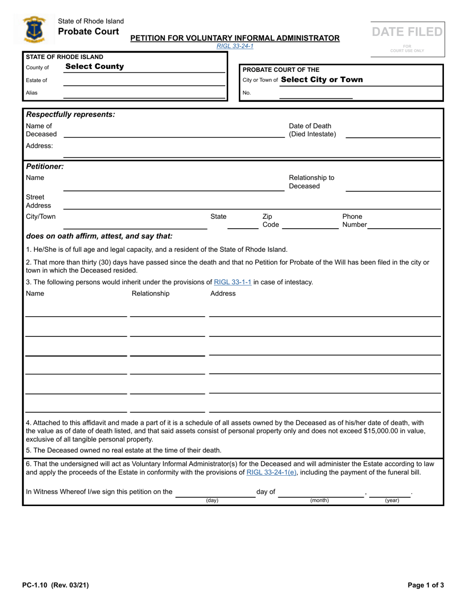 Form PC-1.10 Petition for Voluntary Informal Administrator - Rhode Island, Page 1