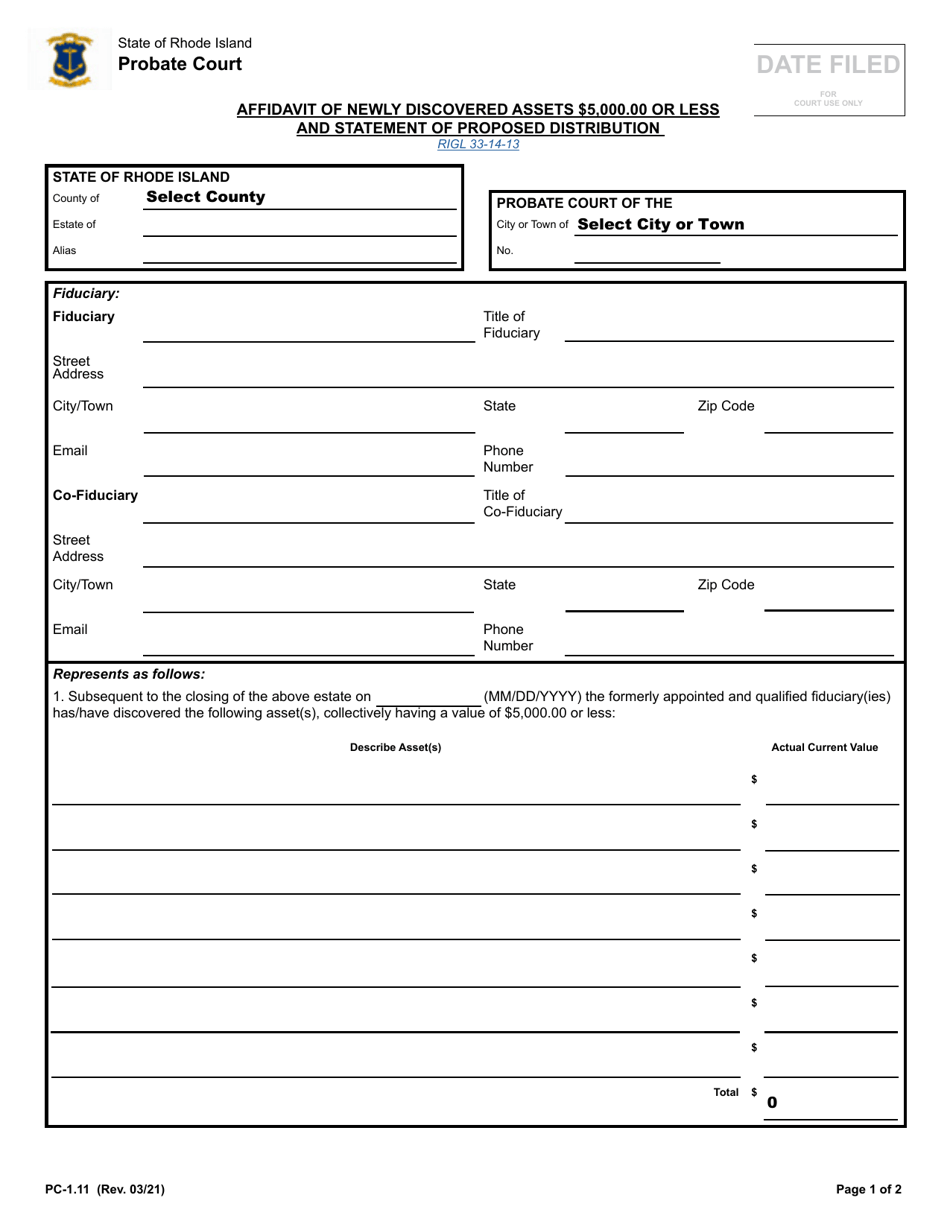 Form PC-1.11 Affidavit of Newly Discovered Assets $5,000.00 or Less and Statement of Proposed Distribution - Rhode Island, Page 1