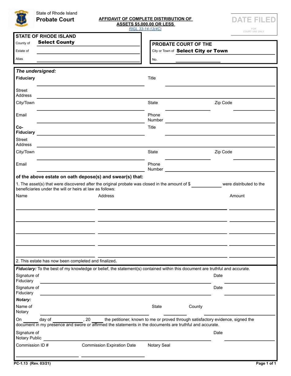 Form PC-1.13 Affidavit of Complete Distribution of Assets $5,000.00 or Less - Rhode Island, Page 1