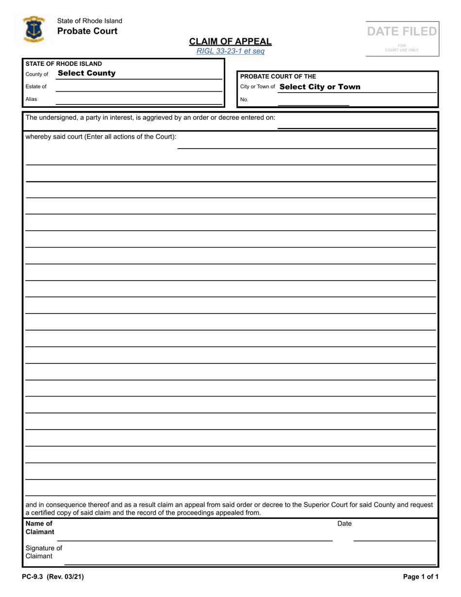 Form PC-9.3 Download Fillable PDF or Fill Online Claim of Appeal, Rhode ...