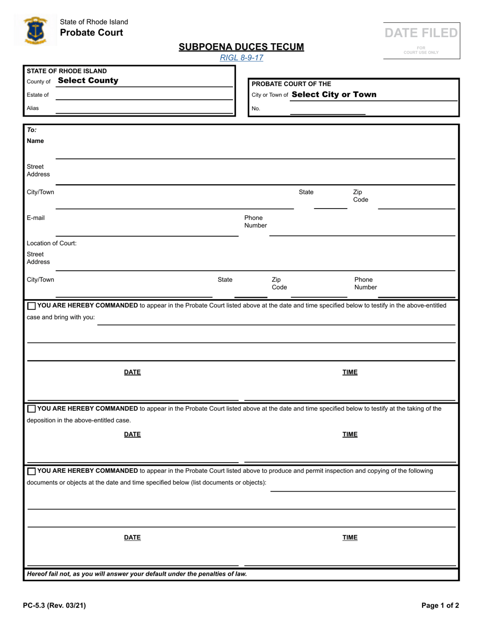 Form PC-5.3 Subpoena Duces Tecum - Rhode Island, Page 1