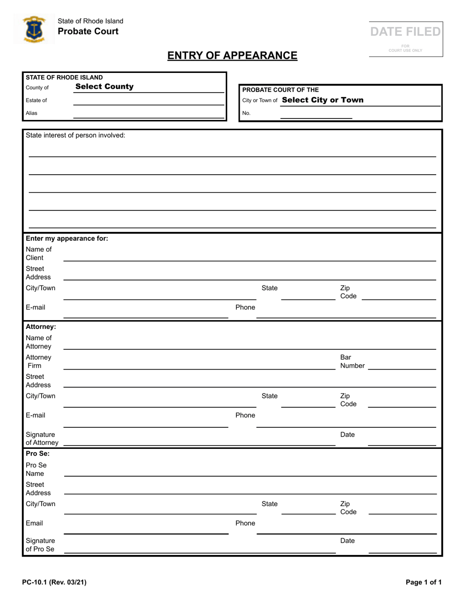 Form PC-10.1 Entry of Appearance - Rhode Island, Page 1
