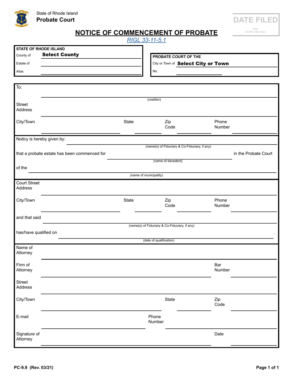 Form PC-9.9 Notice of Commencement of Probate - Rhode Island, Page 1