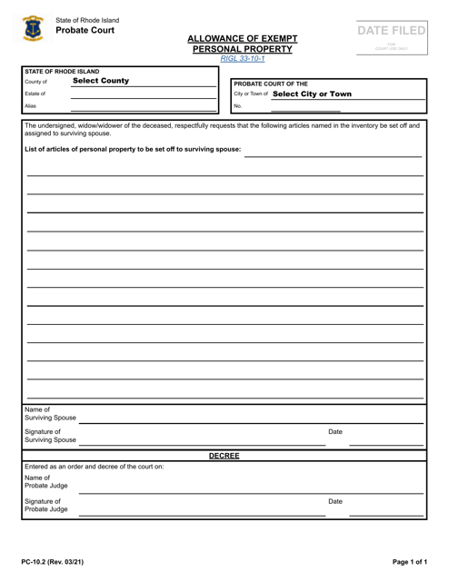 Form PC-10.2 Allowance of Exempt Personal Property - Rhode Island