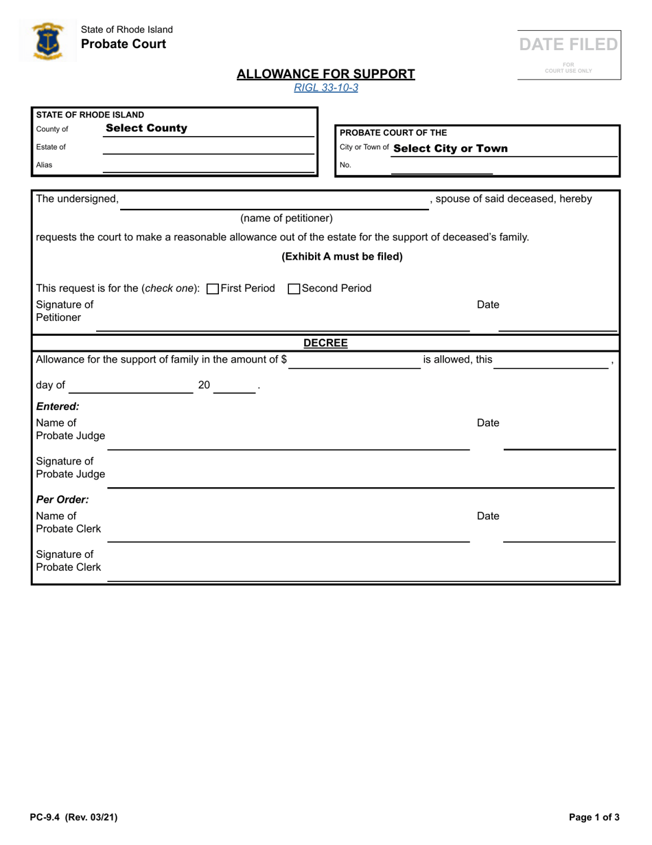 Form PC-9.4 Allowance for Support - Rhode Island, Page 1
