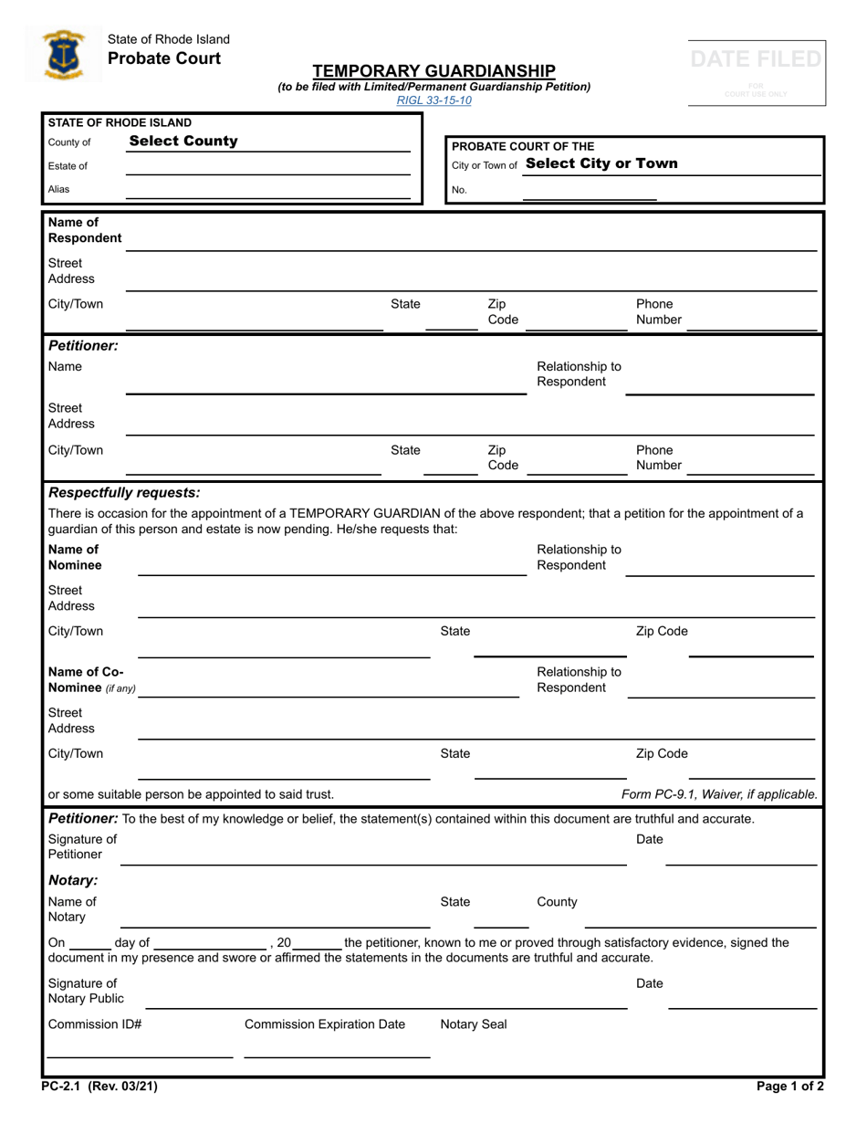 Form PC-2.1 Temporary Guardianship - Rhode Island, Page 1