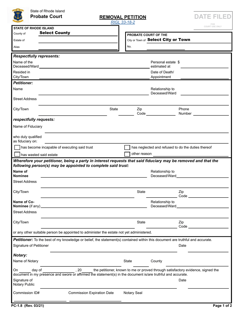 Form PC-1.8 Download Fillable PDF Or Fill Online Removal Petition ...