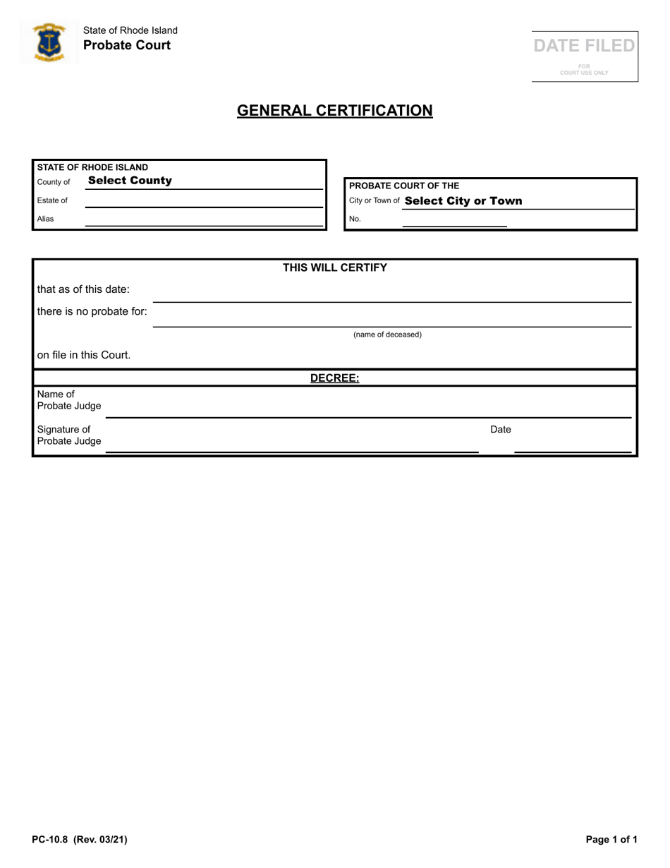 Form PC-10.8 General Certification - Rhode Island, Page 1