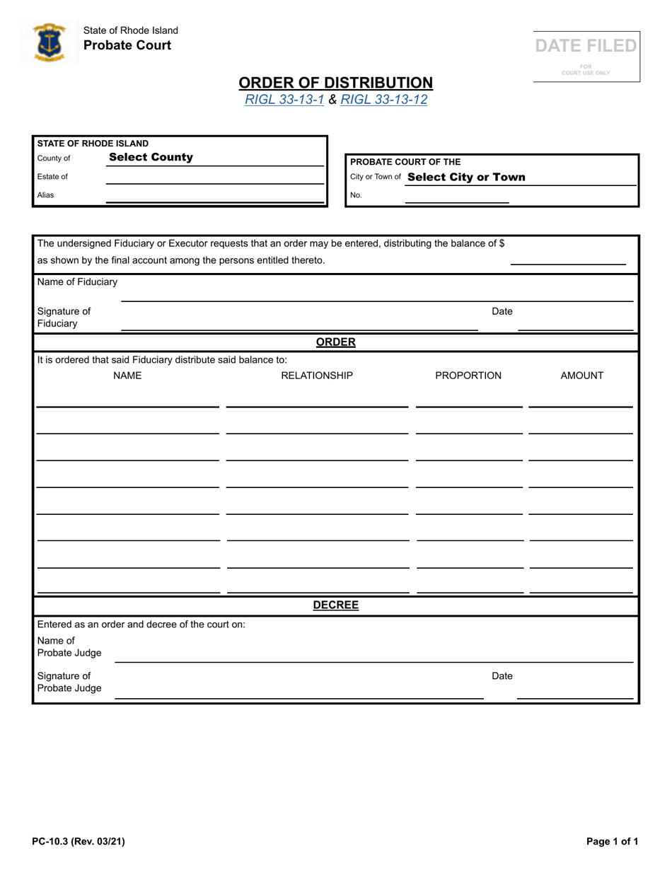Form PC-10.3 Order of Distribution - Rhode Island, Page 1