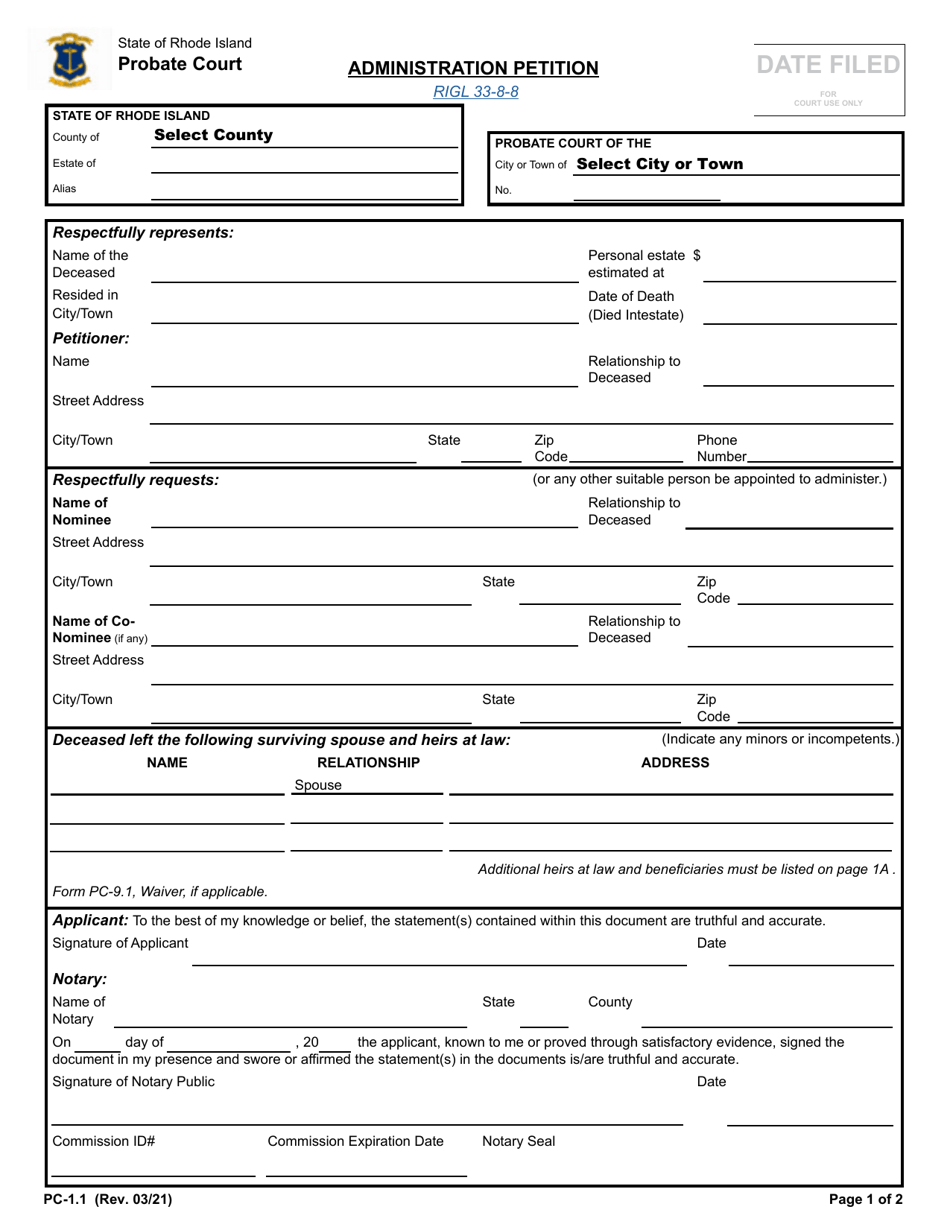 Form PC-1.1 Administration Petition - Rhode Island, Page 1