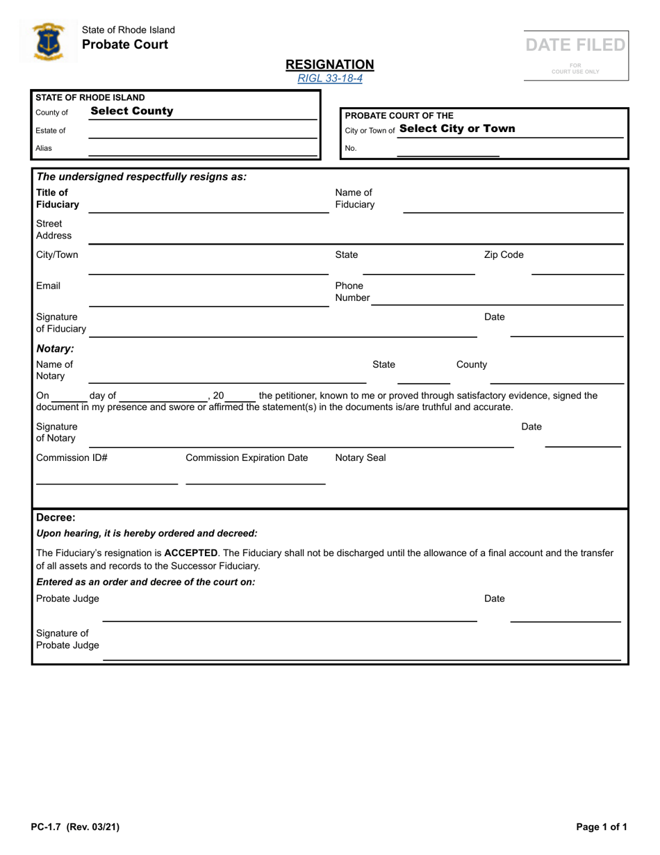 Form PC-1.7 Resignation - Rhode Island, Page 1