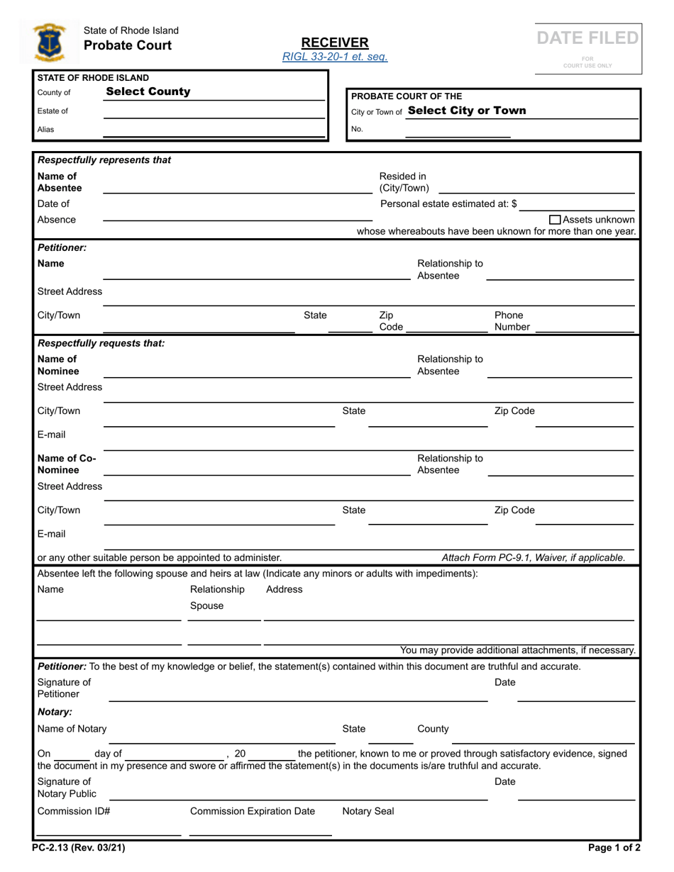 Form PC-2.13 Download Fillable PDF or Fill Online Receiver, Rhode ...