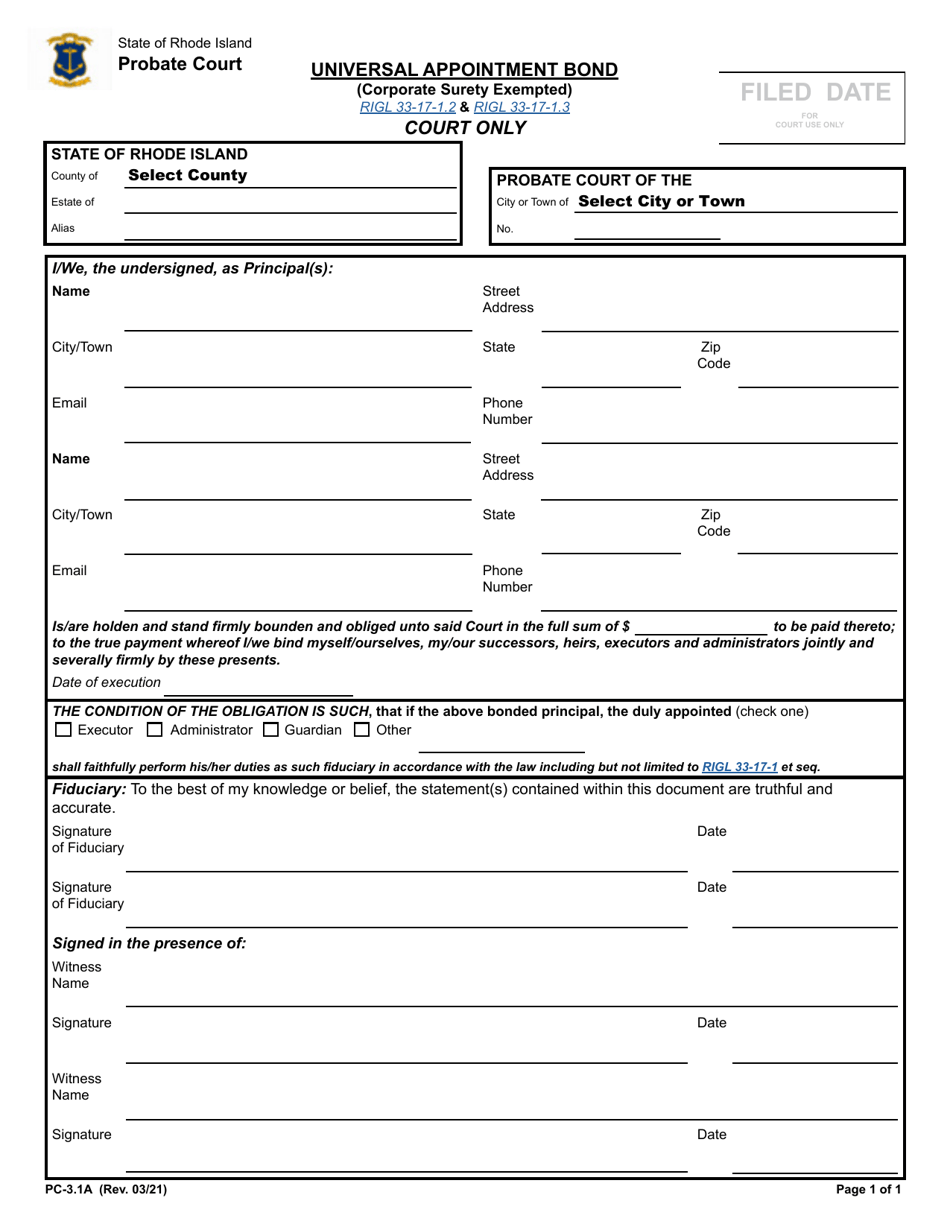Form PC-3.1A Universal Appointment Bond (Corporate Surety Exempted) - Rhode Island, Page 1