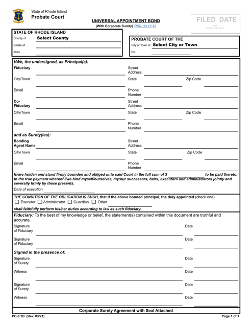 Form PC-3.1B Universal Appointment Bond (With Corporate Surety) - Rhode Island