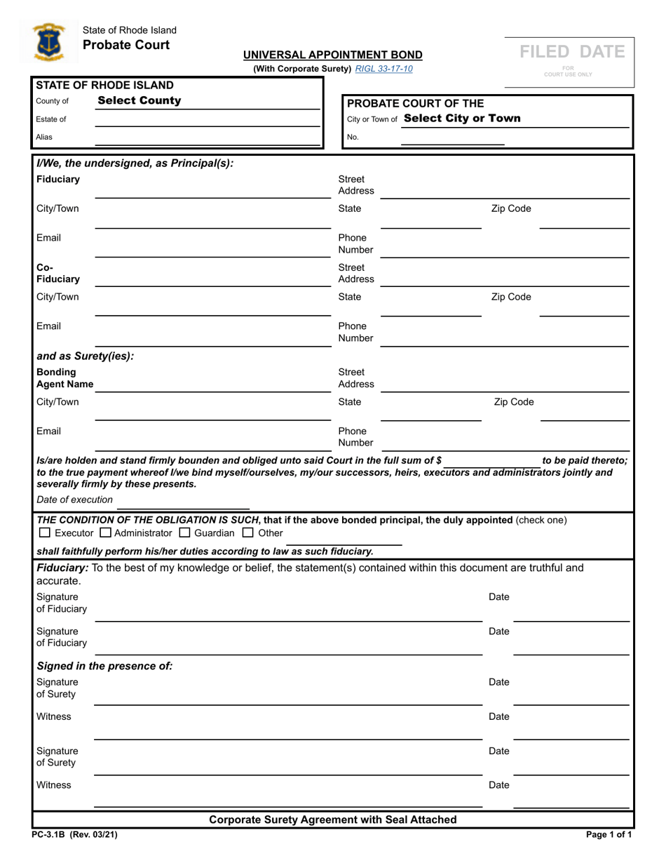 Form PC-3.1B Universal Appointment Bond (With Corporate Surety) - Rhode Island, Page 1