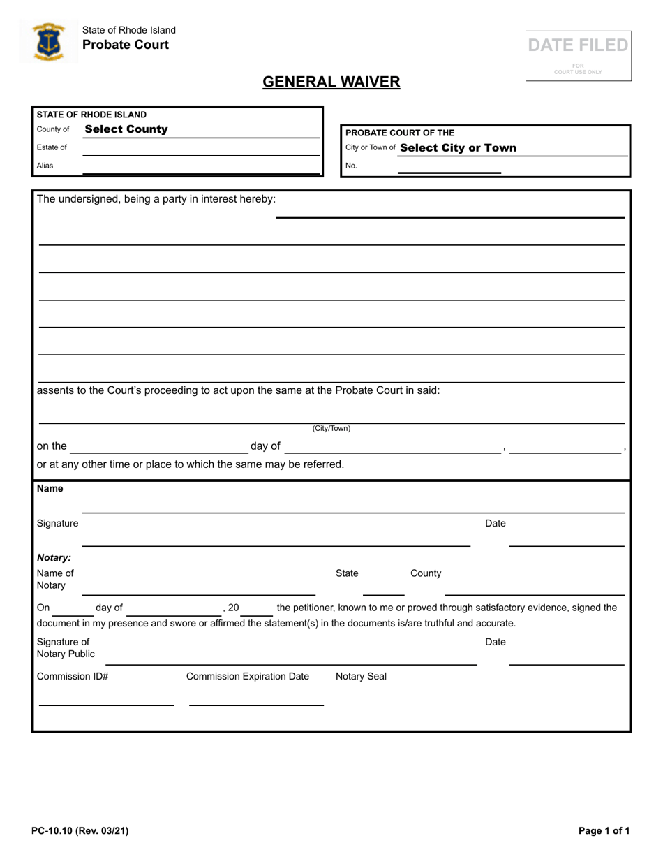 Form PC-10.10 General Waiver - Rhode Island, Page 1