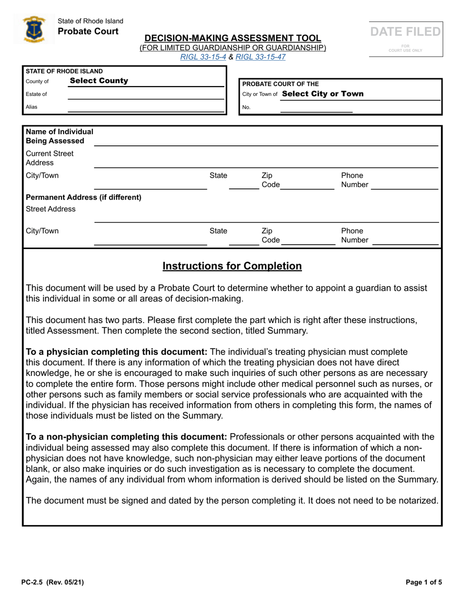 Form PC-2.5 Decision-Making Assessment Tool (For Limited Guardianship or Guardianship) - Rhode Island, Page 1