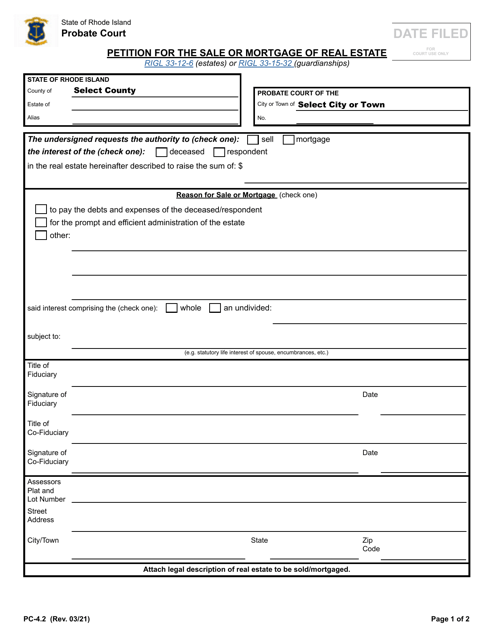 Form PC-4.2 Petition for the Sale or Mortgage of Real Estate - Rhode Island