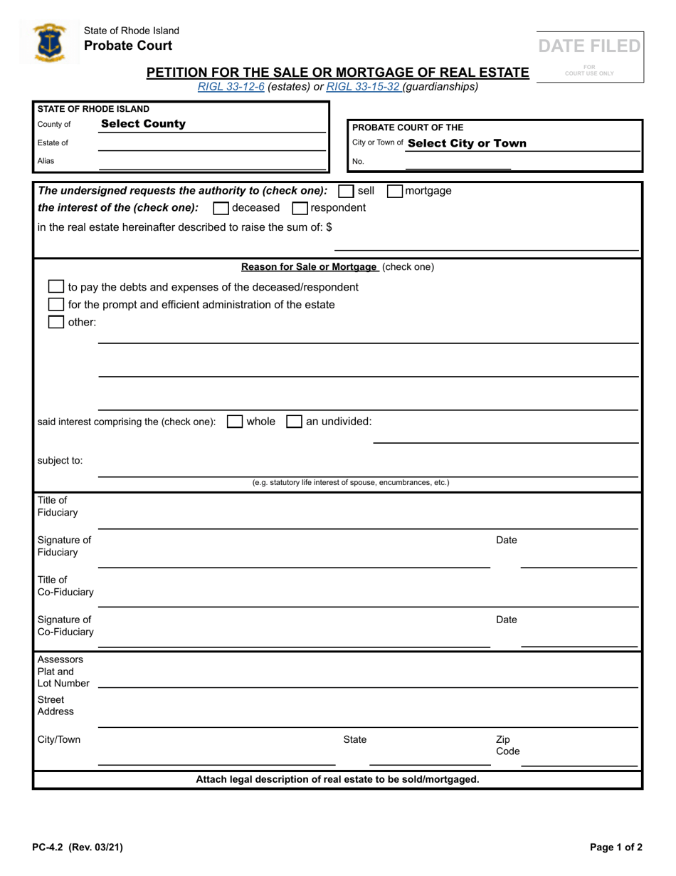 Form PC-4.2 Petition for the Sale or Mortgage of Real Estate - Rhode Island, Page 1