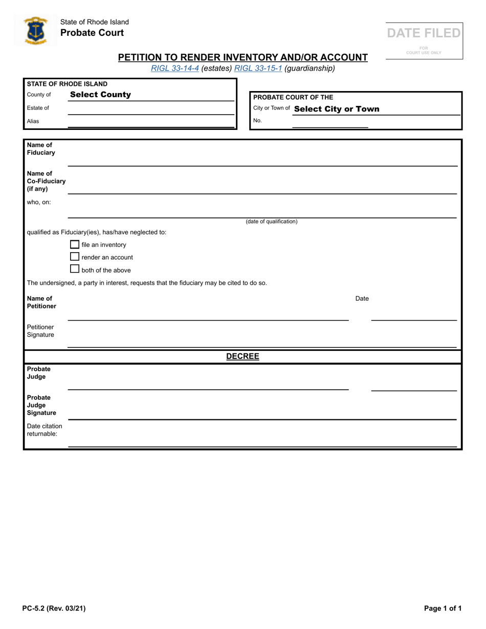 Form PC-5.2 Petition to Render Inventory and/or Account - Rhode Island, Page 1