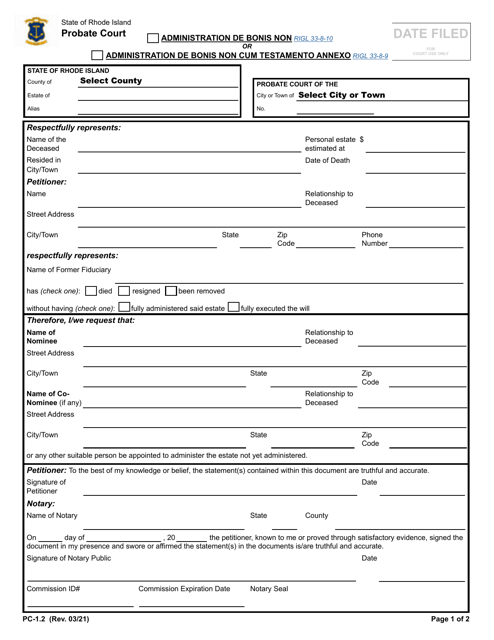 Form PC-1.2 Administration De Bonis Non or Administration De Bonis Non Cum Testamento Annexo - Rhode Island