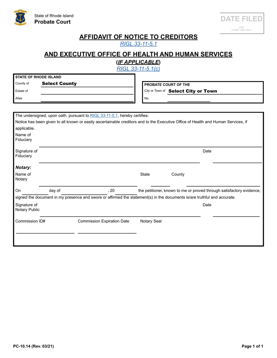 Form PC-10.14 Affidavit of Notice to Creditors and Executive Office of Health and Human Services - Rhode Island, Page 1