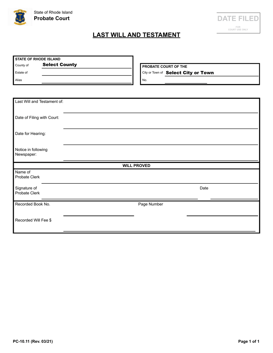 Form PC-10.11 Last Will and Testament - Rhode Island, Page 1