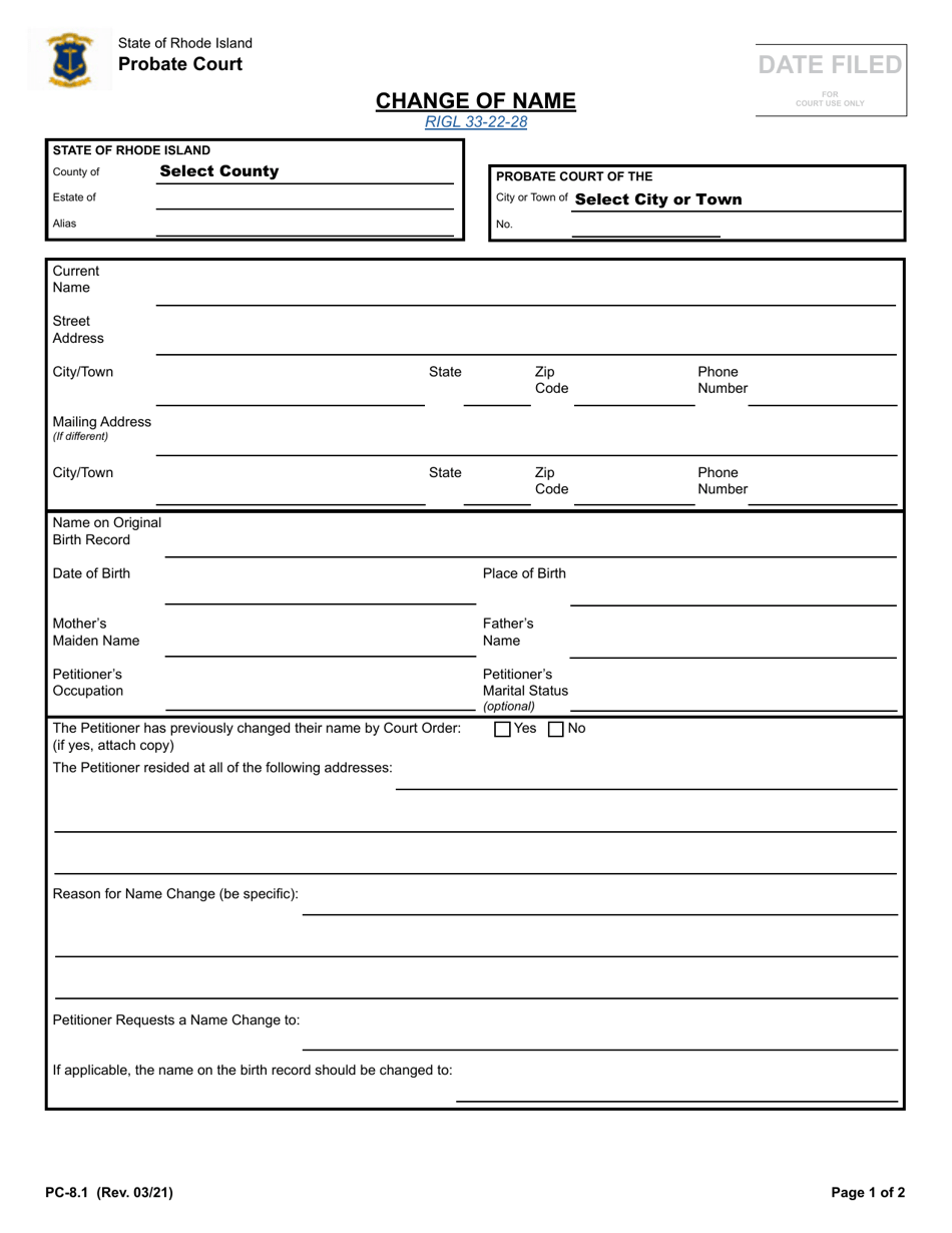Form PC-8.1 Change of Name - Rhode Island, Page 1