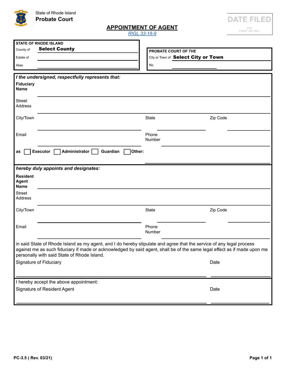 Form PC-3.5 Appointment of Agent - Rhode Island, Page 1