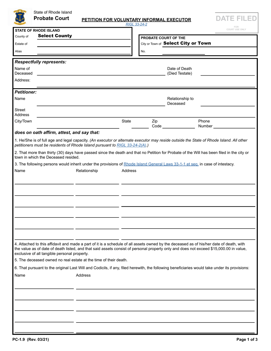 Form PC-1.9 Petition for Voluntary Informal Executor - Rhode Island, Page 1