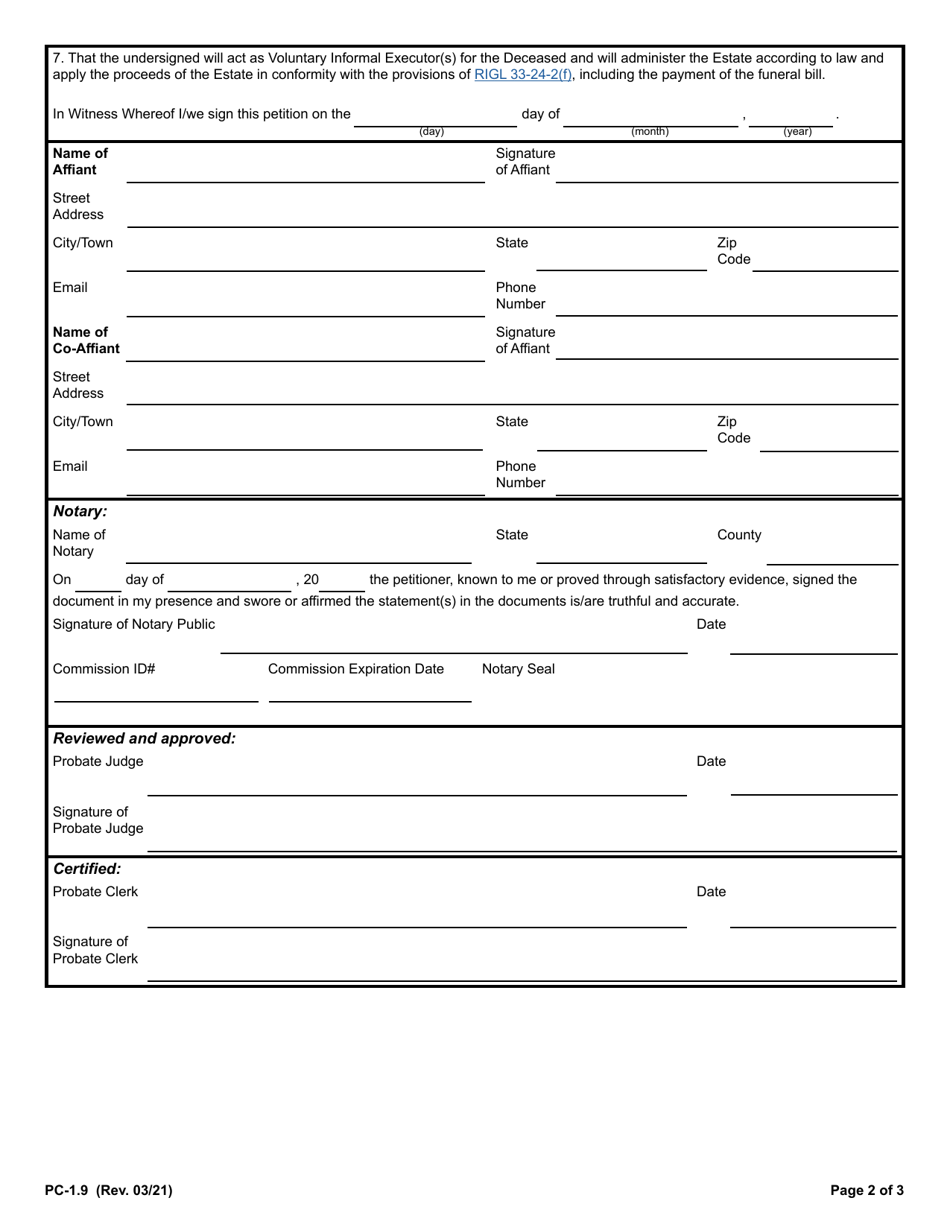 Form PC-1.9 Petition for Voluntary Informal Executor - Rhode Island, Page 2