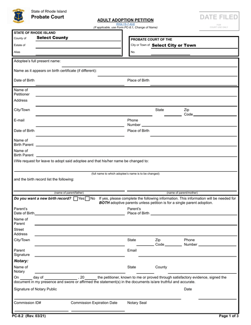 Form PC-8.2 Adult Adoption Petition - Rhode Island