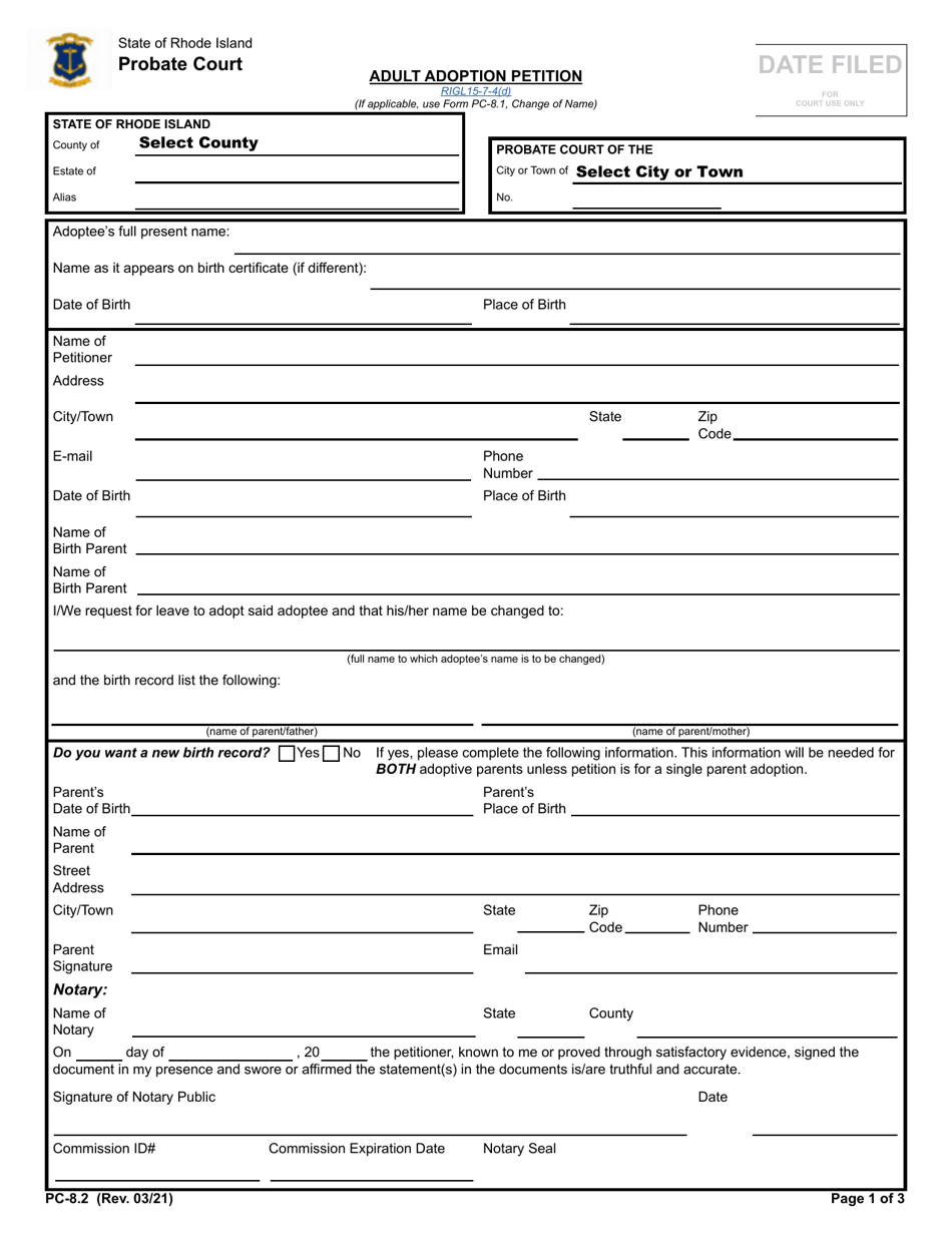 Form PC-8.2 Adult Adoption Petition - Rhode Island, Page 1