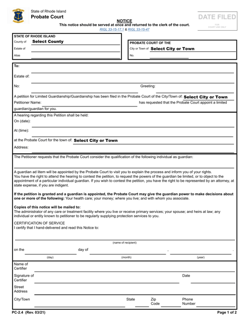 Form PC-2.4 Notice of Limited Guardianship or Guardianship - Rhode Island
