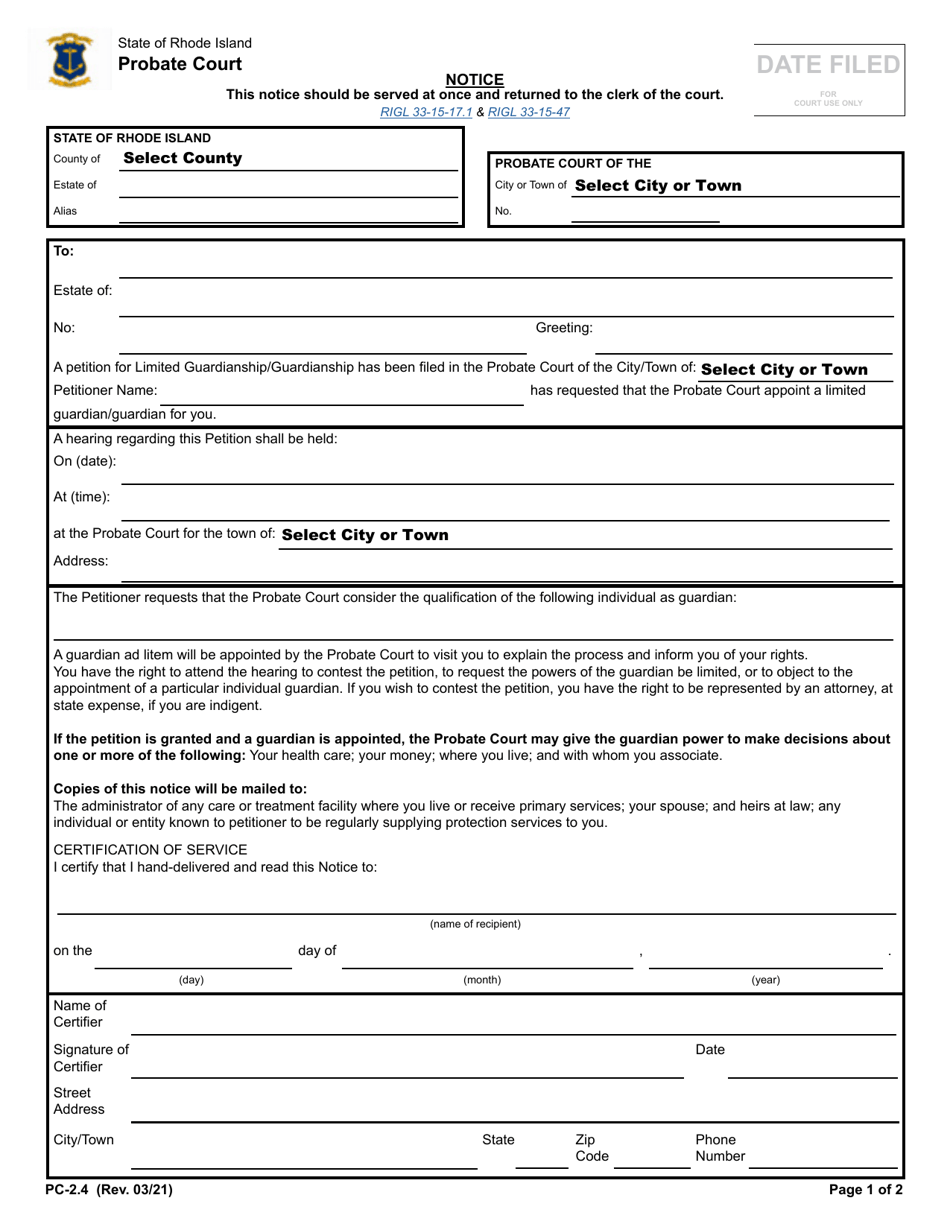 Form PC-2.4 Notice of Limited Guardianship or Guardianship - Rhode Island, Page 1