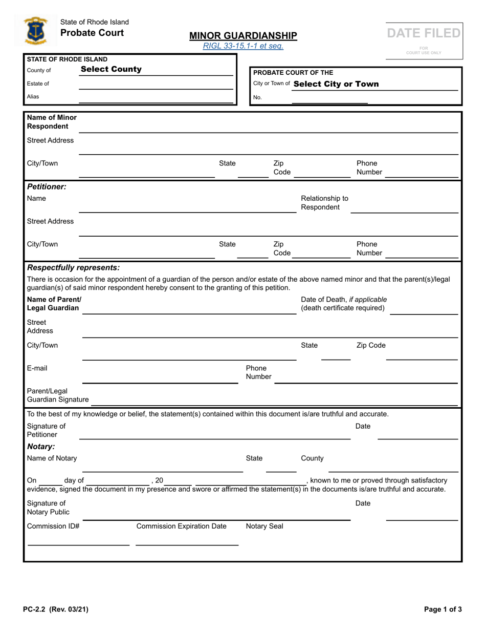 Form PC-2.2 Minor Guardianship - Rhode Island, Page 1