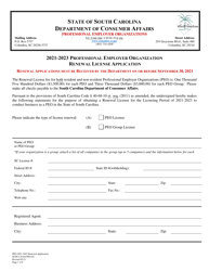 SCDCA Form PEO-02 Professional Employer Organization Renewal License Application - South Carolina