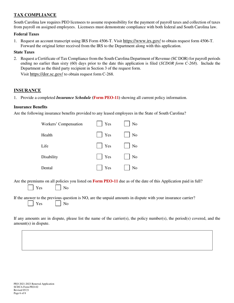 SCDCA Form PEO-02 Professional Employer Organization Renewal License Application - South Carolina, Page 6