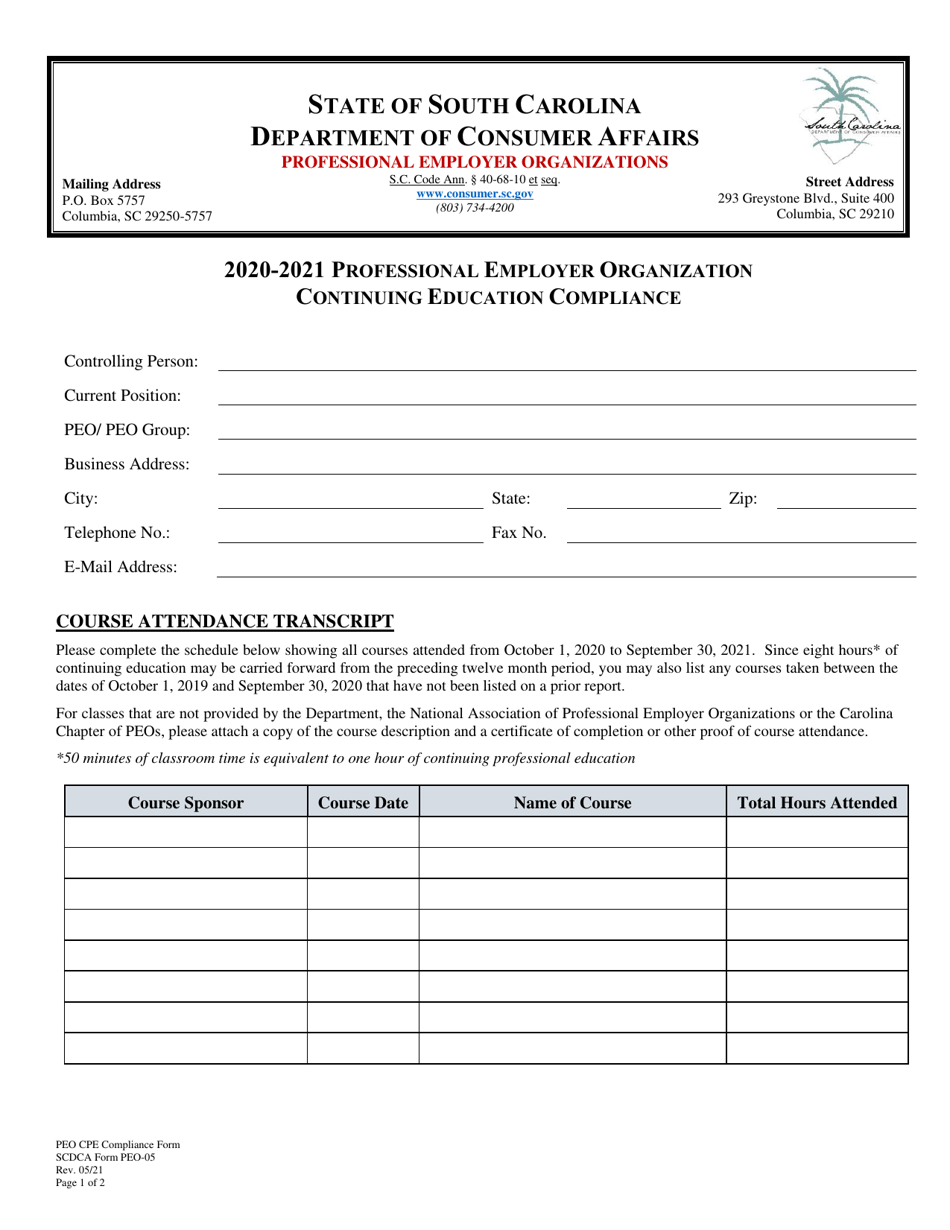 SCDCA Form PEO-05 Professional Employer Organization Continuing Education Compliance - South Carolina, Page 1