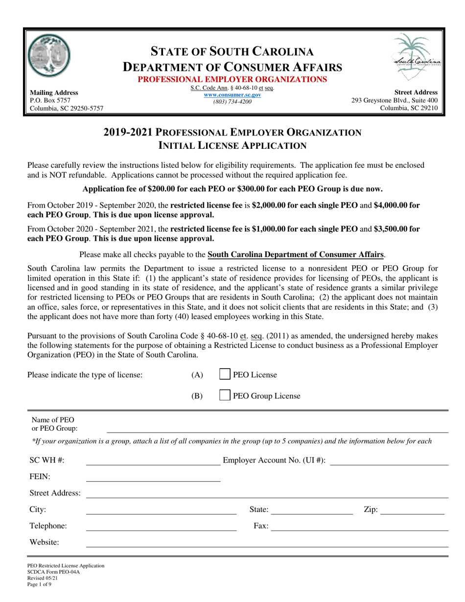 SCDCA Form PEO-04A Professional Employer Organization Initial License Application - South Carolina, Page 1