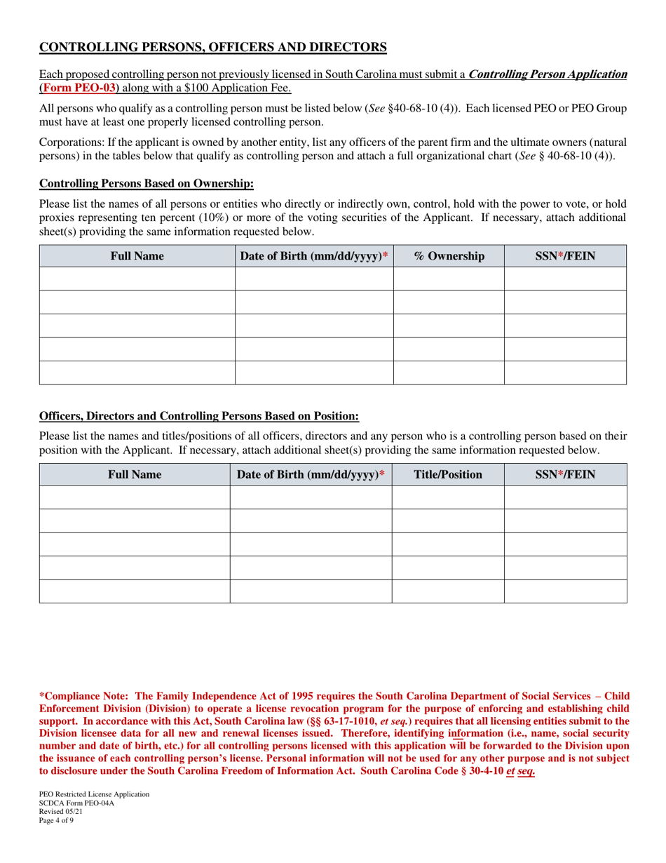 SCDCA Form PEO-04A Professional Employer Organization Initial License Application - South Carolina, Page 4