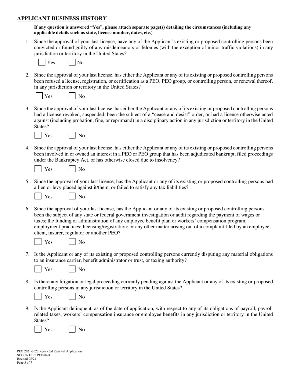SCDCA Form PEO-04B Restricted Professional Employer Organization Renewal License Application - South Carolina, Page 3