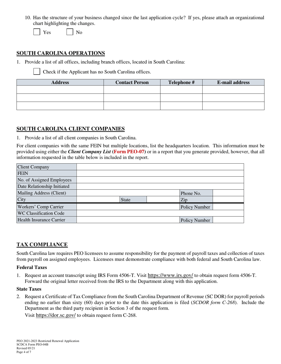 SCDCA Form PEO-04B Restricted Professional Employer Organization Renewal License Application - South Carolina, Page 4