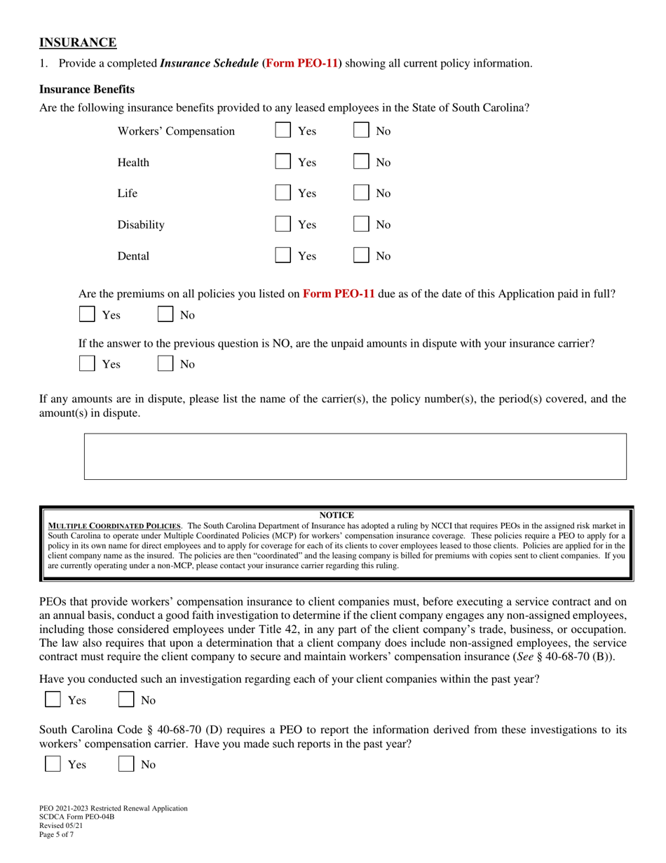 SCDCA Form PEO-04B Restricted Professional Employer Organization Renewal License Application - South Carolina, Page 5