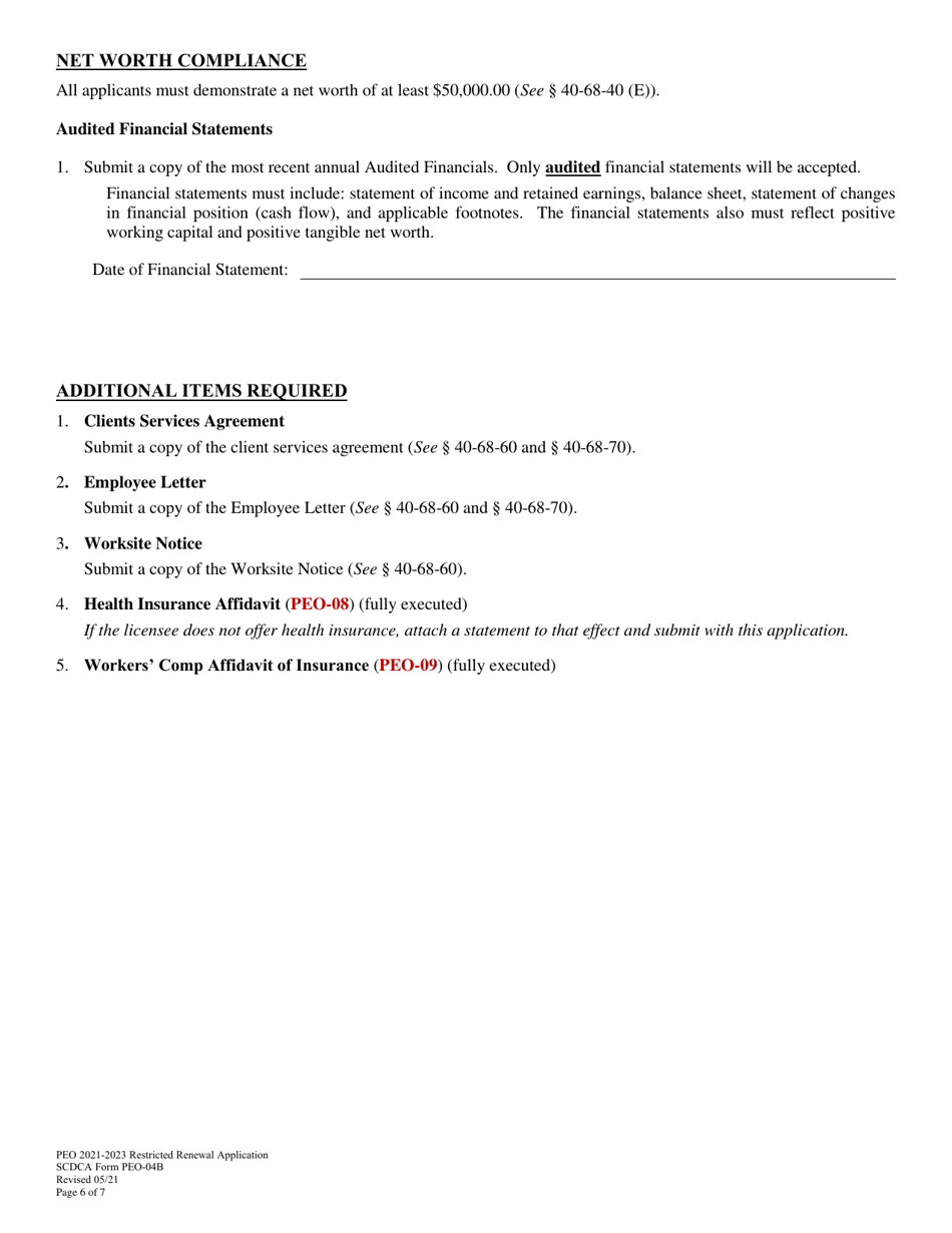 SCDCA Form PEO-04B Restricted Professional Employer Organization Renewal License Application - South Carolina, Page 6