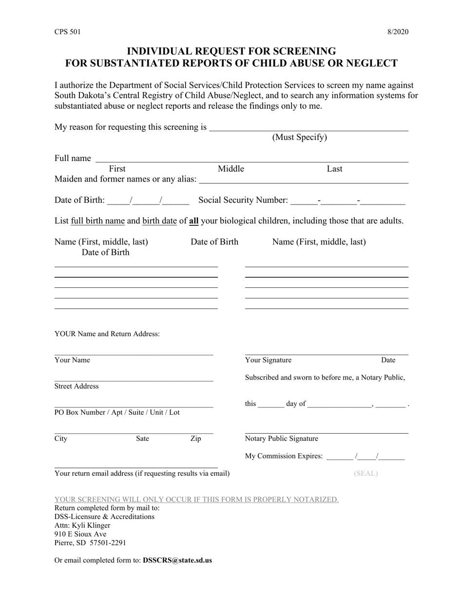 Form CPS-501 Individual Request for Screening for Substantiated Reports of Child Abuse or Neglect - South Dakota, Page 1