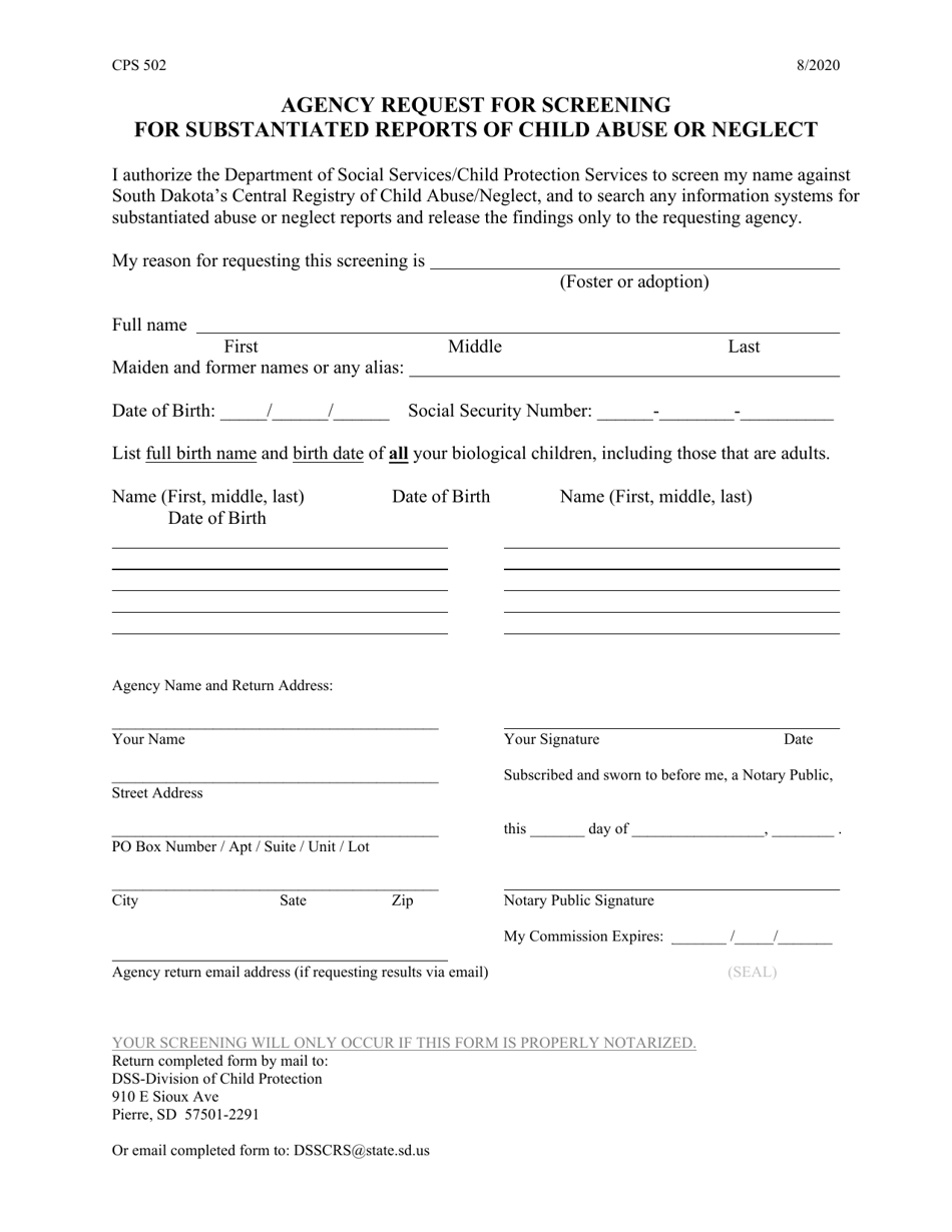 Form CPS-502 Agency Request for Screening for Substantiated Reports of Child Abuse or Neglect - South Dakota, Page 1