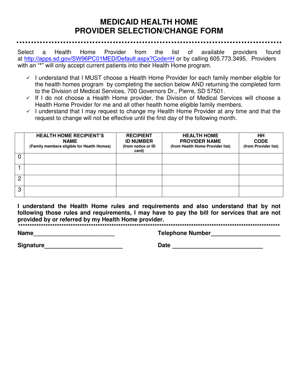 Medicaid Health Home Provider Selection/Change Form - South Dakota, Page 1