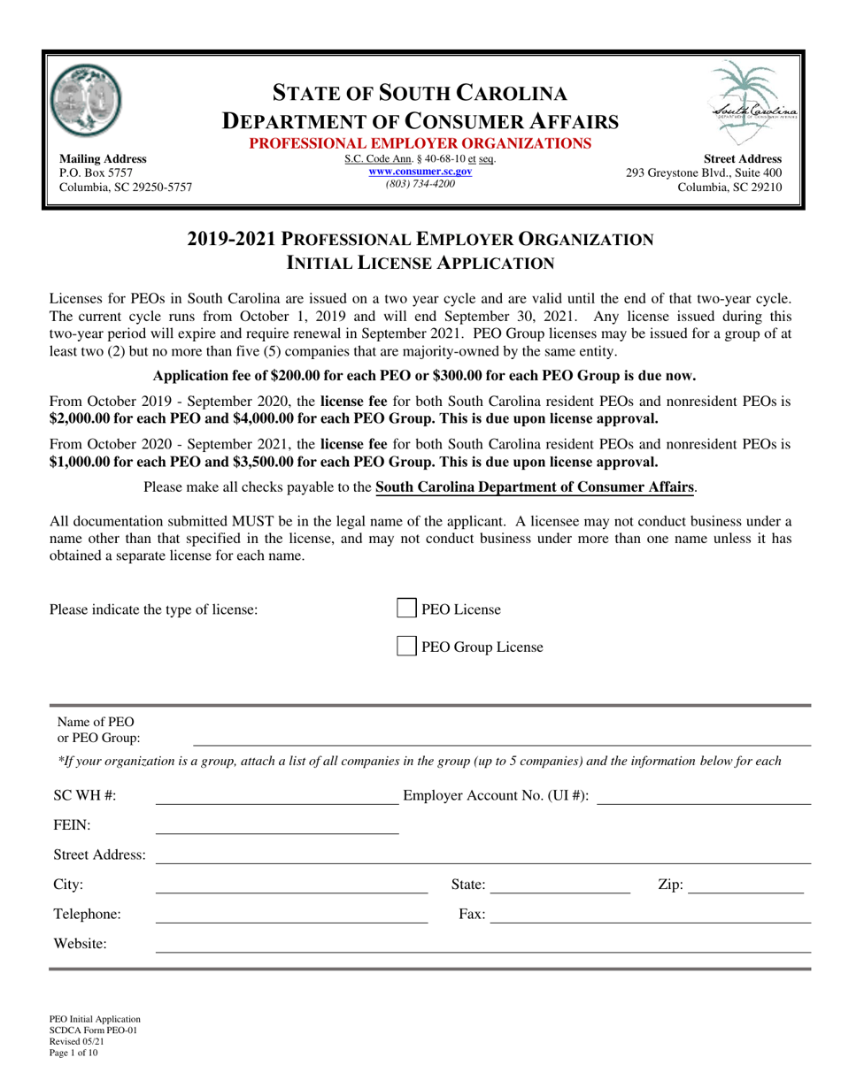 SCDCA Form PEO-01 Professional Employer Organization Initial License Application - South Carolina, Page 1