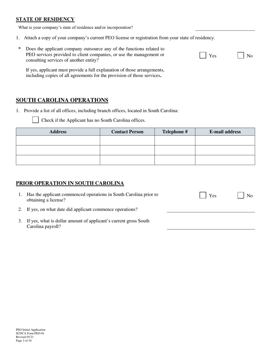 SCDCA Form PEO-01 Professional Employer Organization Initial License Application - South Carolina, Page 3